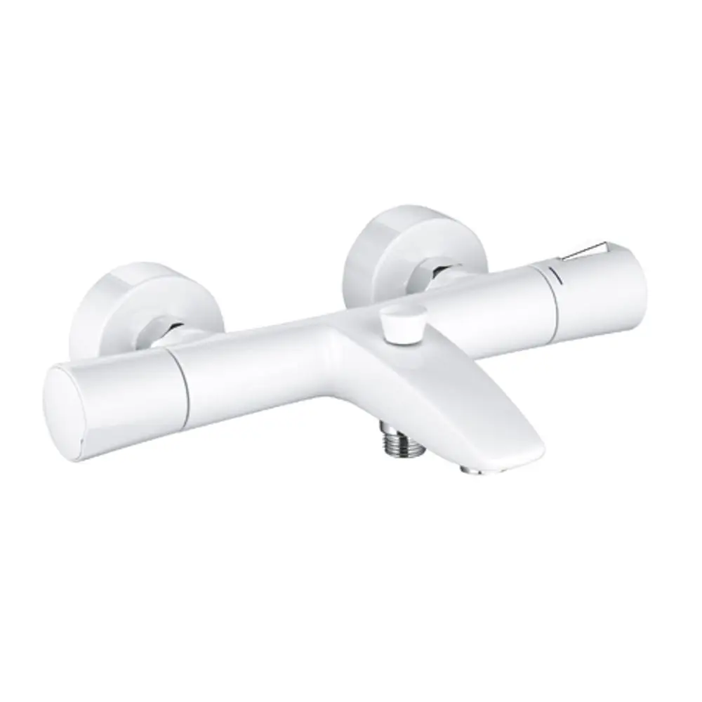 Thermostat-Wannenfüll- und Brausearmatur in weiß mit chromenen Details von Kludi, ausgestattet mit zwei Griffflächen und einem zentralen Bedienelement.
